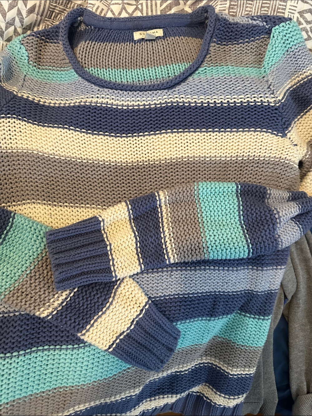 Sonoma Striped Crewneck Sweater in Navy, Cream, Gray & Aqua